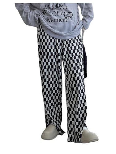 SHENHE Women's Checkered Pants Split Hem Straight Leg Elastic