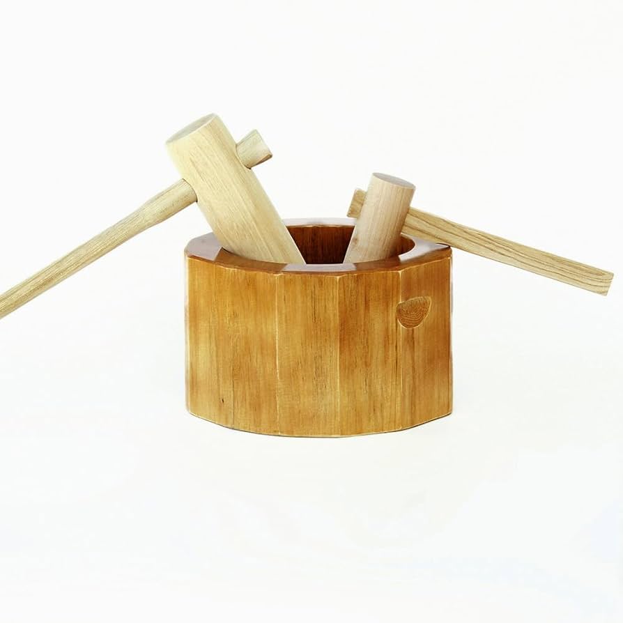 Amazon | 餅つきセット 1升用 木製ミニ臼＋キネ2本（もちつき うす き