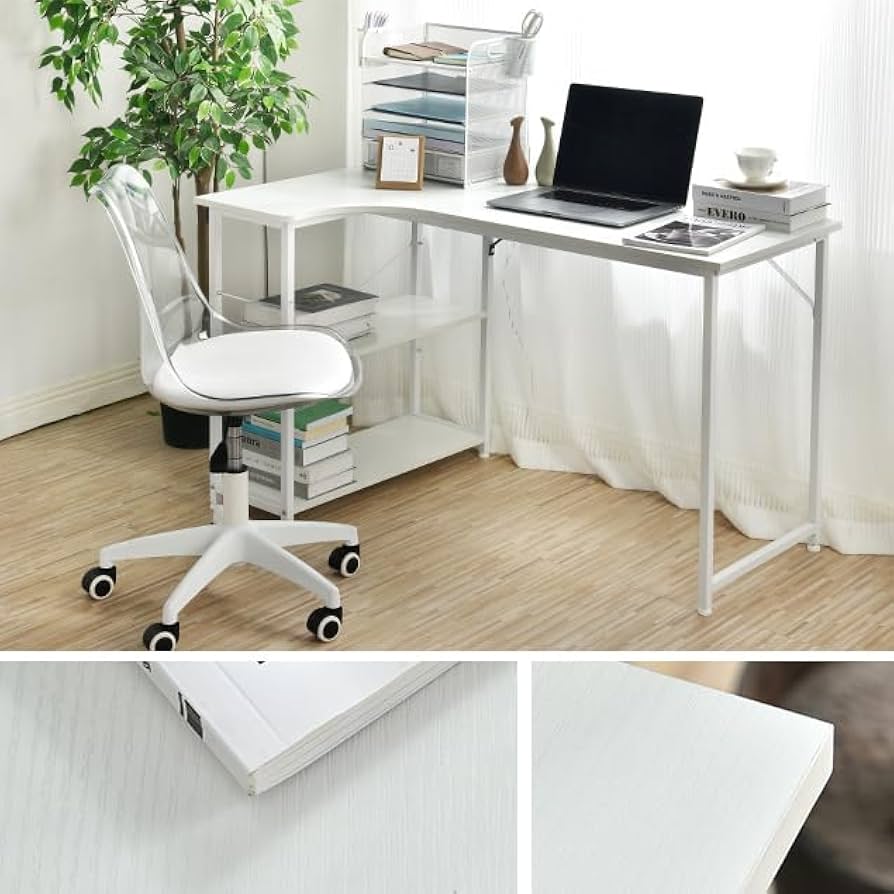 Amazon | 【ホワイト】広いスペース パソコンデスク L字 120cm 2段