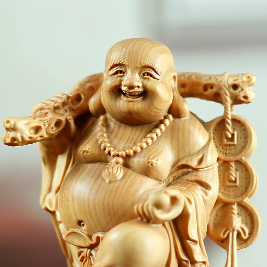 Amazon.co.jp: 布袋様置物 七福神 布袋様 銅銭弥勒 級天然ツゲ木彫り