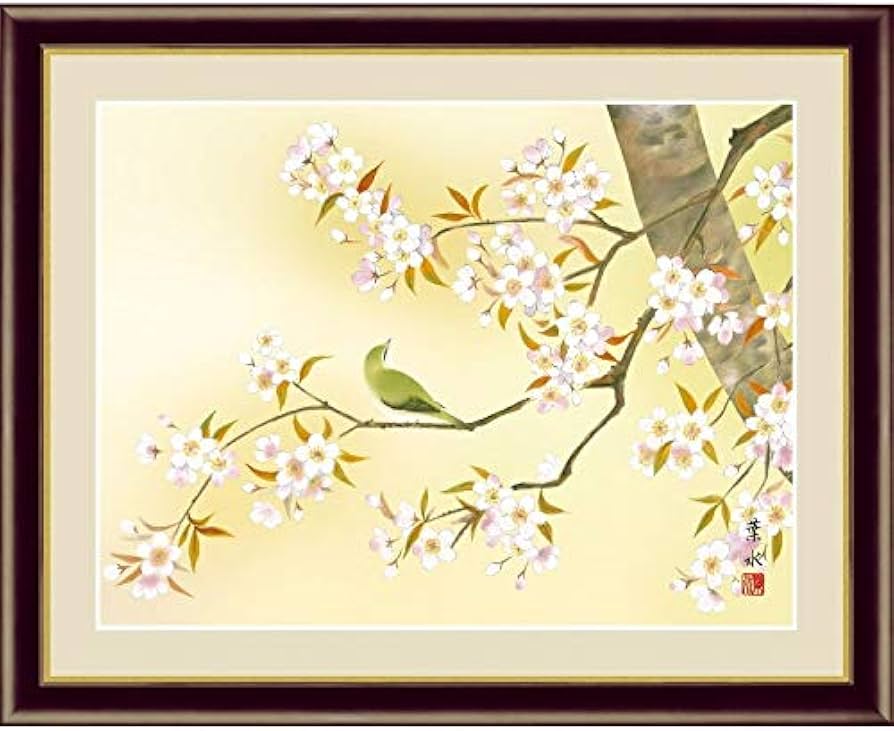 Amazon.co.jp: 額絵 日本画 花鳥画 春飾り 桜に鶯 F4 緒方葉水 （G4
