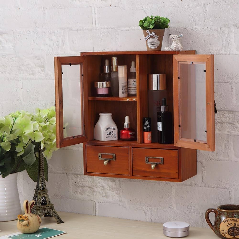 Amazon | 木箱 デスク上置き棚 デスク収納 アンティーク調 引き出し