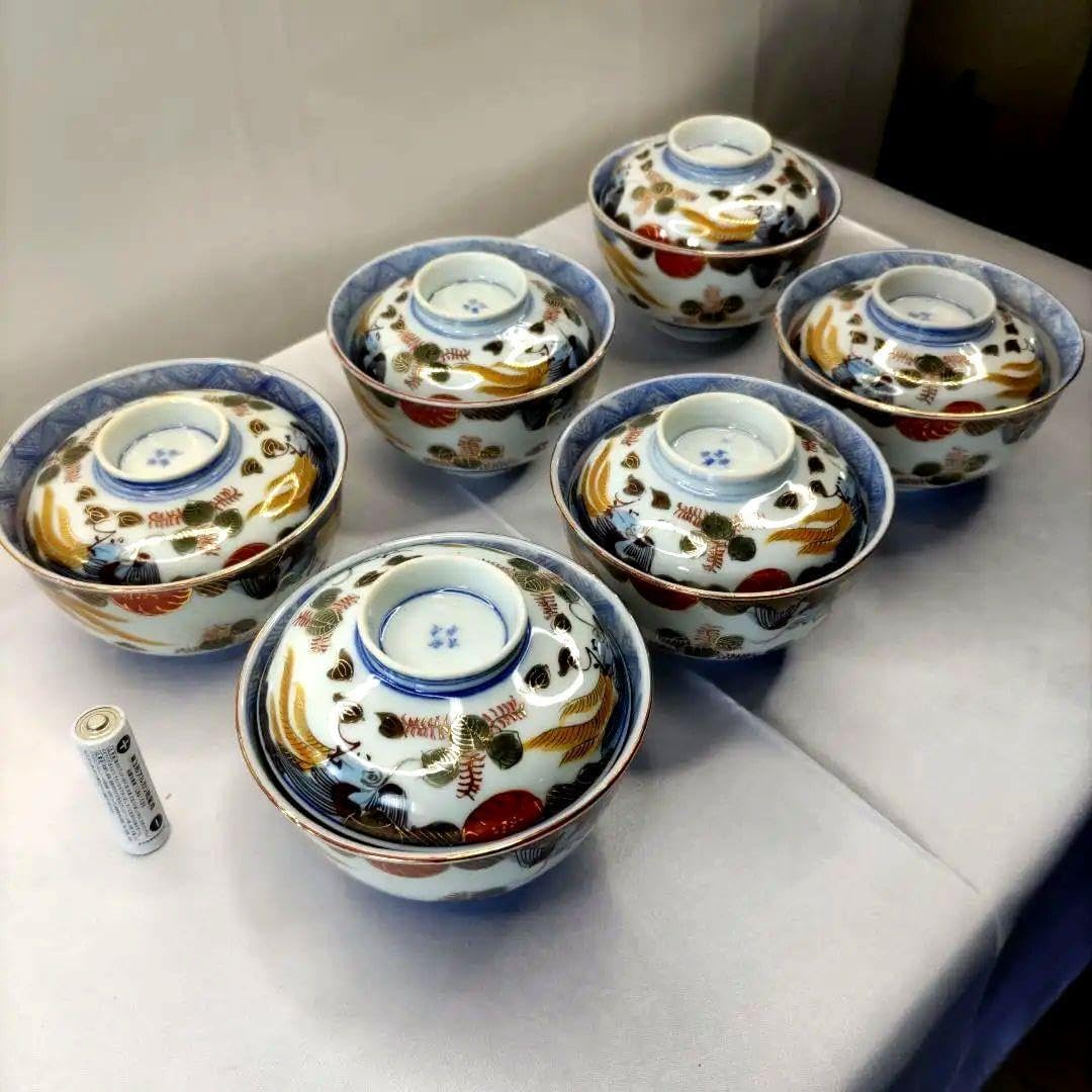 有田焼 貞泉窯 染付唐草 色絵鳳凰 蓋付き煮物碗揃 六客