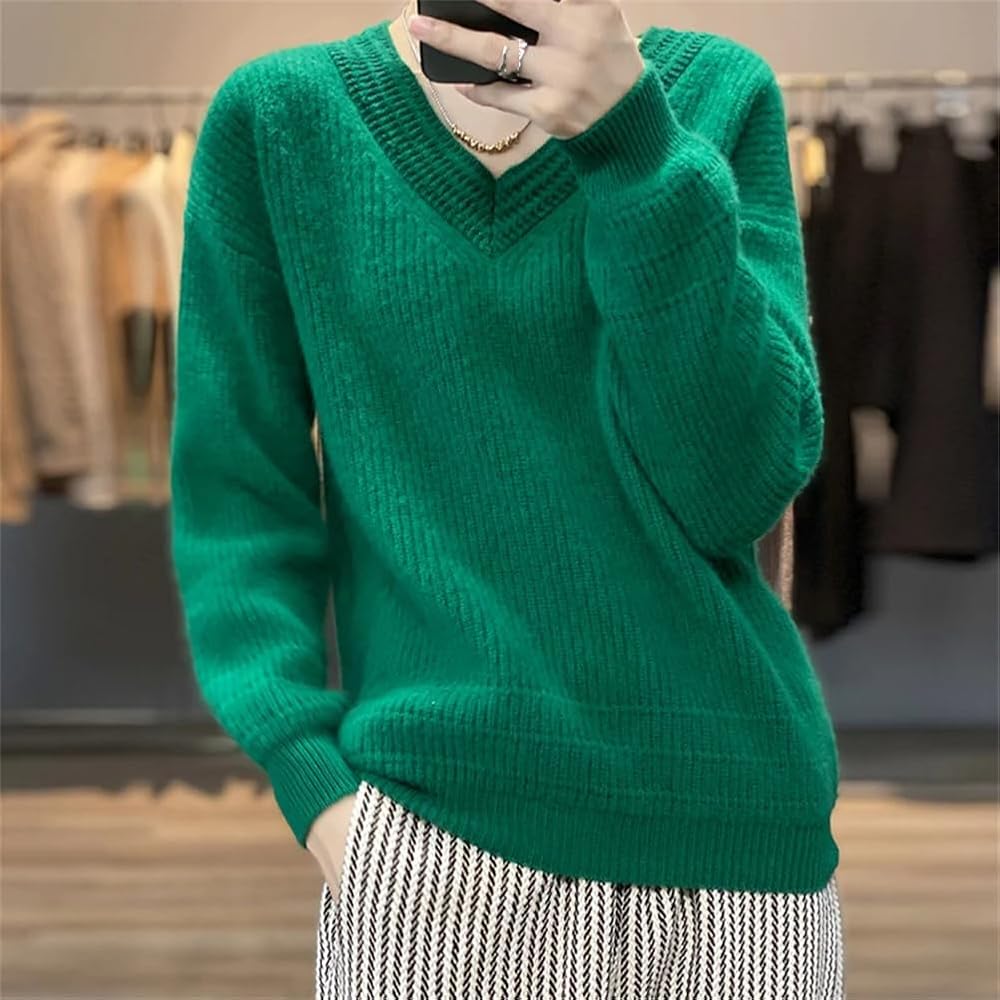 100% Solid Merino Wool V-Neck Sweater Womens Thick Knitted