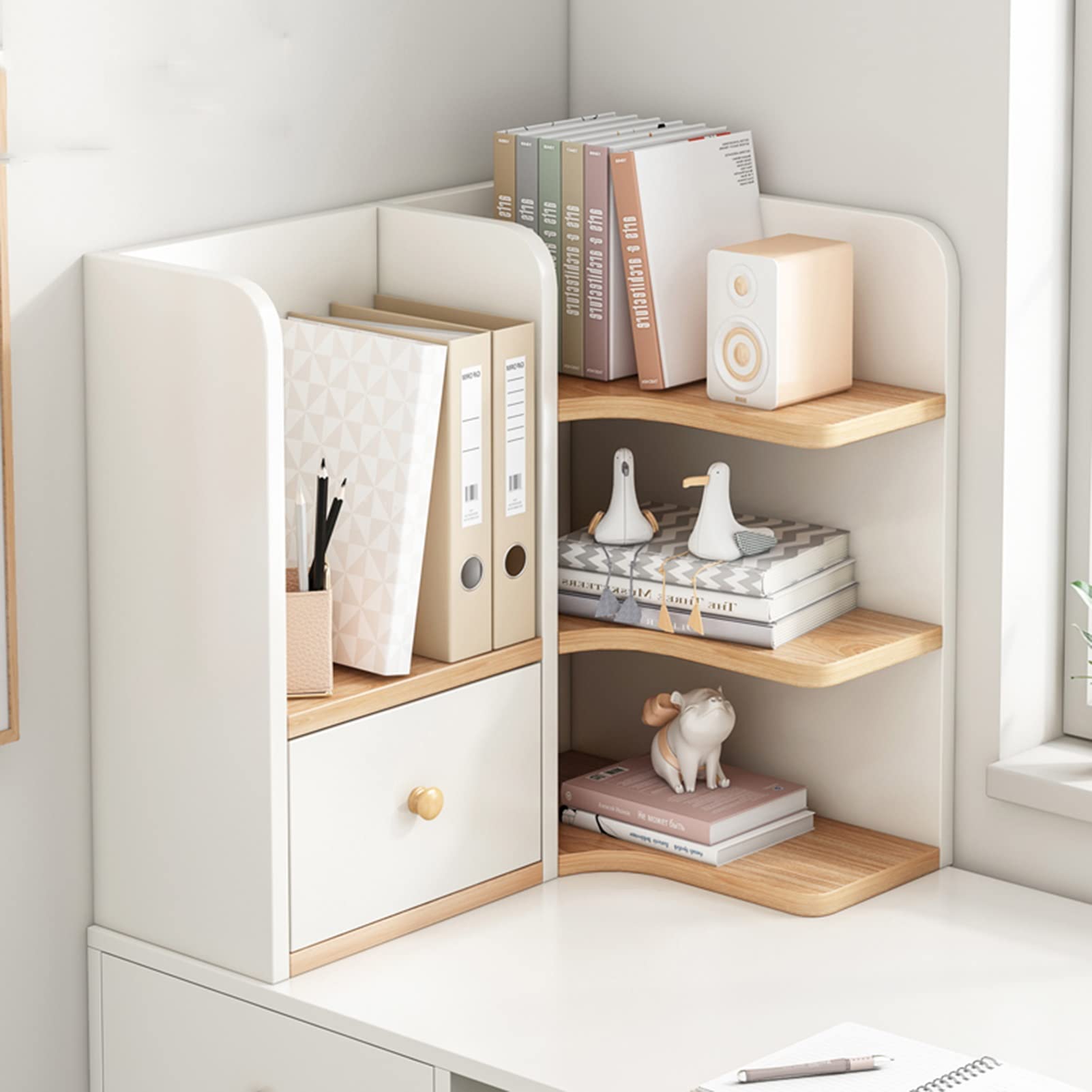 Amazon.co.jp: 木製調節可能な本棚ブックスタンド、引き出し1つ付き