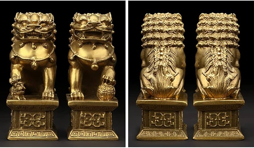 Amazon.co.jp: 獅子 狛犬 招財 雄雌セット 一対 銅製 風水グッズ 風水