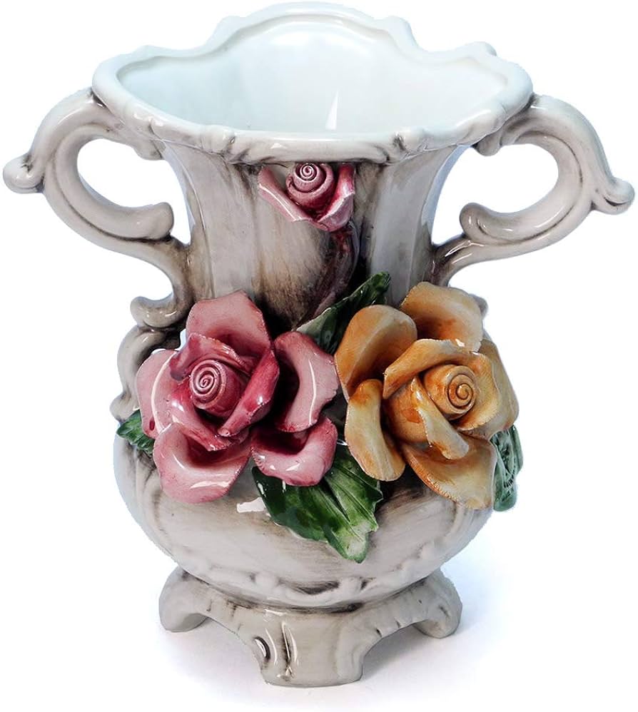 Amazon.co.jp: イタリア製 バラ 陶花 両手付 小 花瓶 カポディモンテ