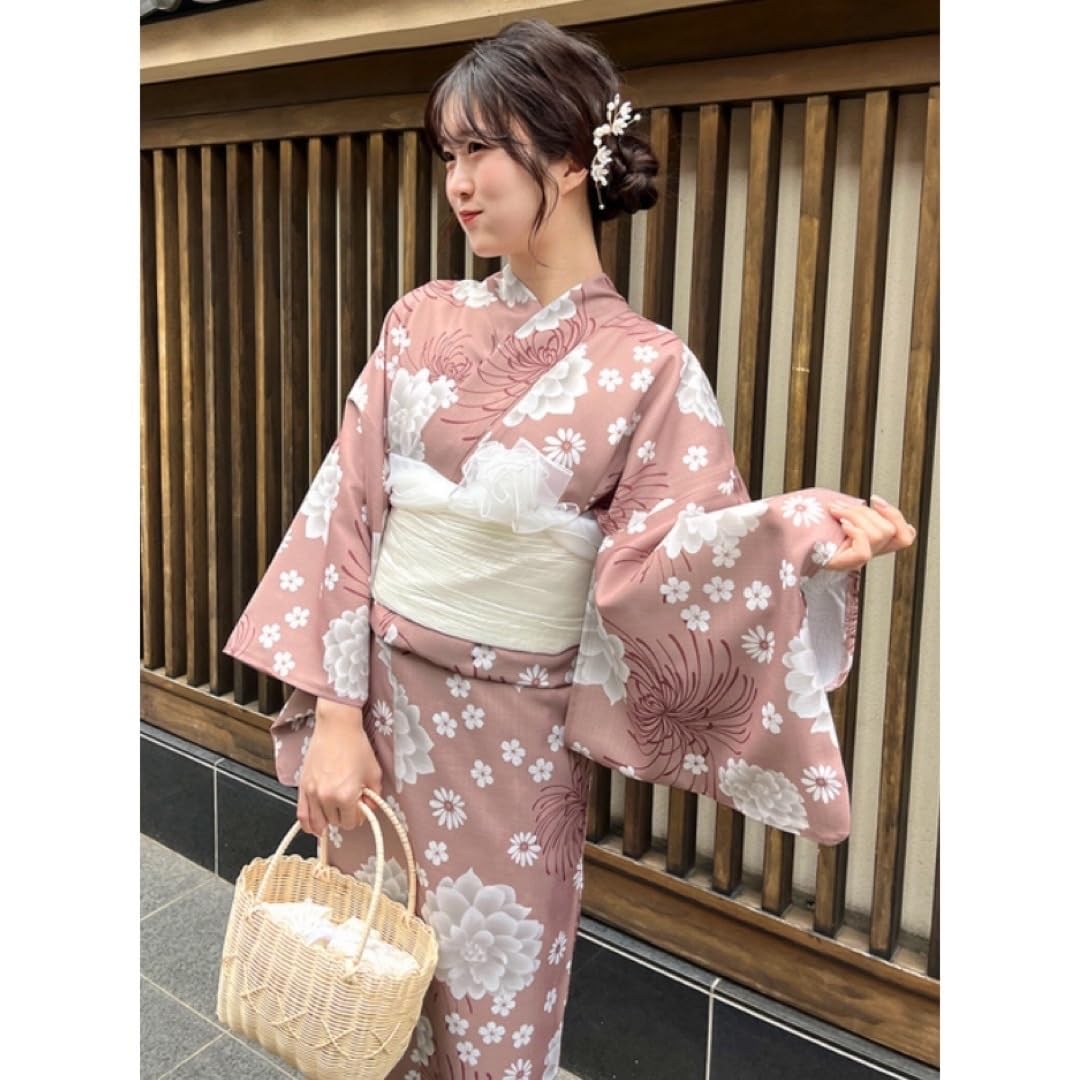☆un deuxブランド浴衣☆ピンク白縦縞.古典菊レトロ柄☆ふりふ☆
