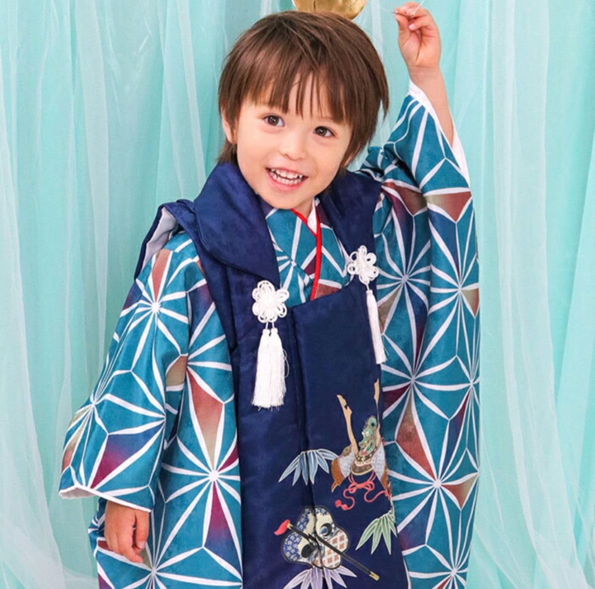 Amazon.co.jp: 麻の葉×青七五三 着物 被布 3歳男の子 6点セット