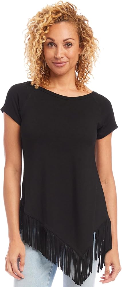 Karen Kane Women's Angled Fringe Top, Black at Amazon Women's