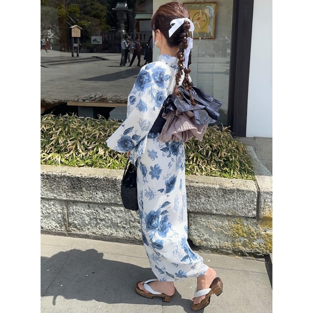 Amazon.co.jp: 水彩フラワー浴衣セット ブルーゆかた 兵児帯 大人 花柄