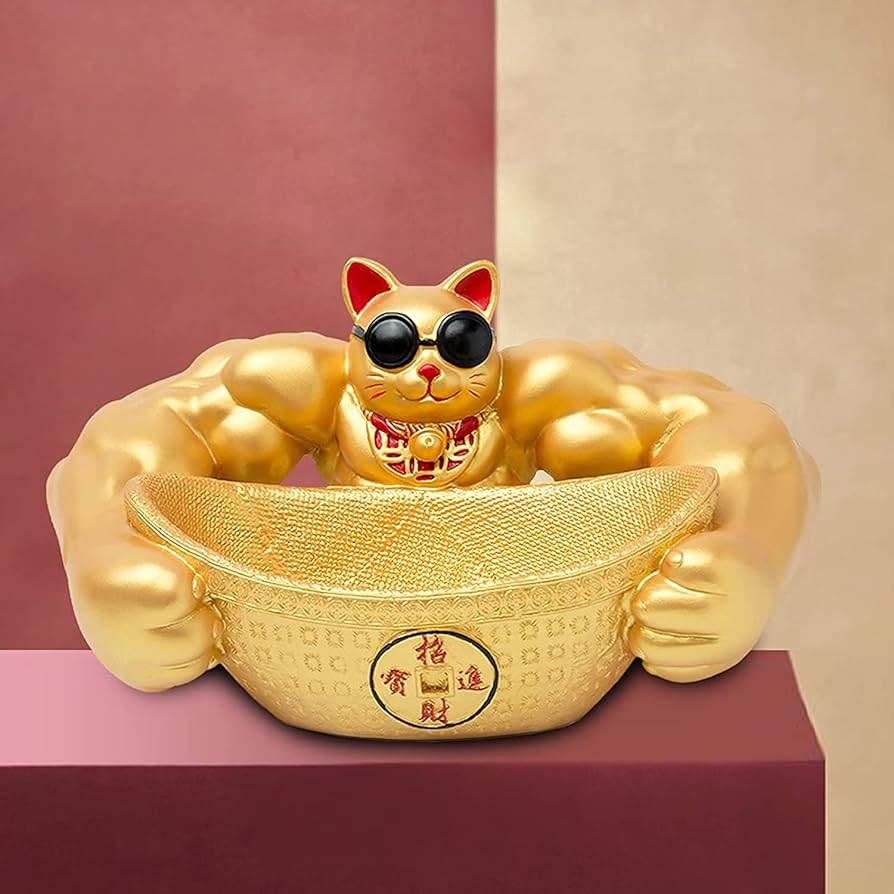 Amazon.co.jp: 幸運の猫 置物 筋肉の腕 猫像 富 幸運の像 風水