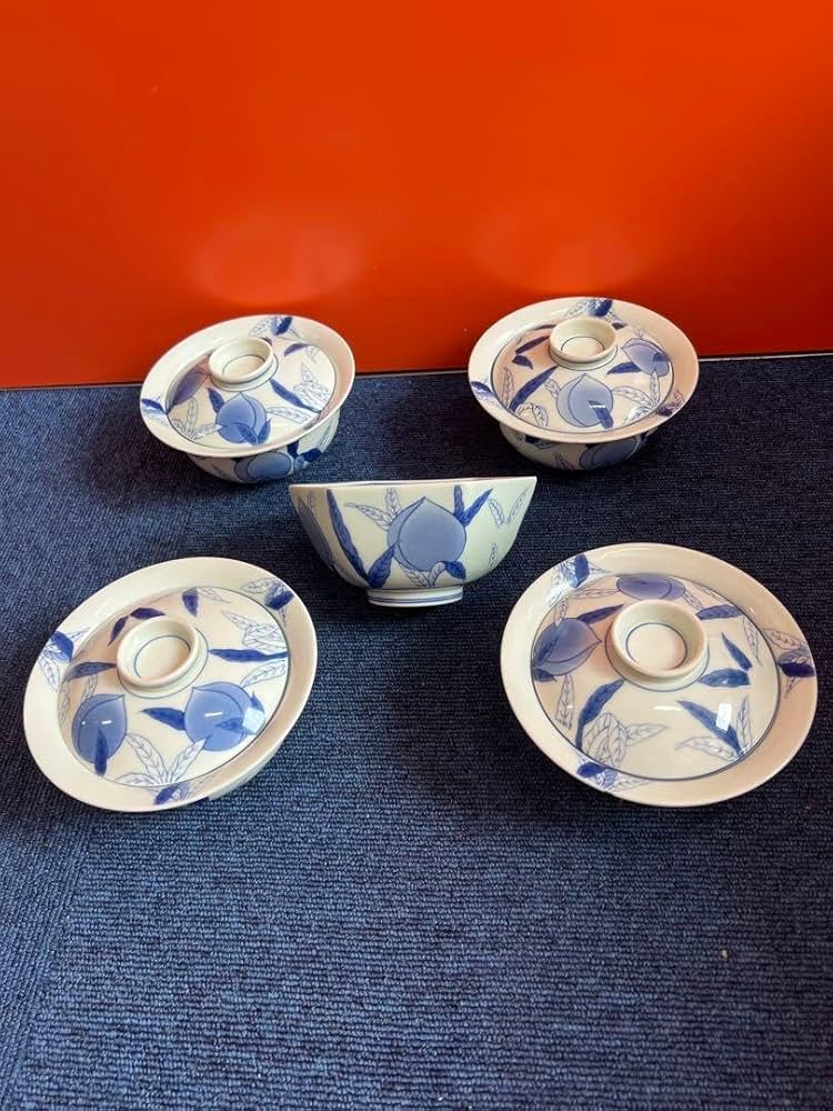 Amazon.co.jp: 1424 有田焼 鍋島 其泉 桃文 飯碗4客 六角鉢1 客