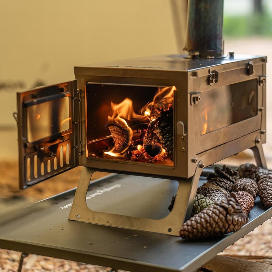 6773 ポモリー Timber チタン 薪ストーブ 両側ガラス 煙突 棚セット