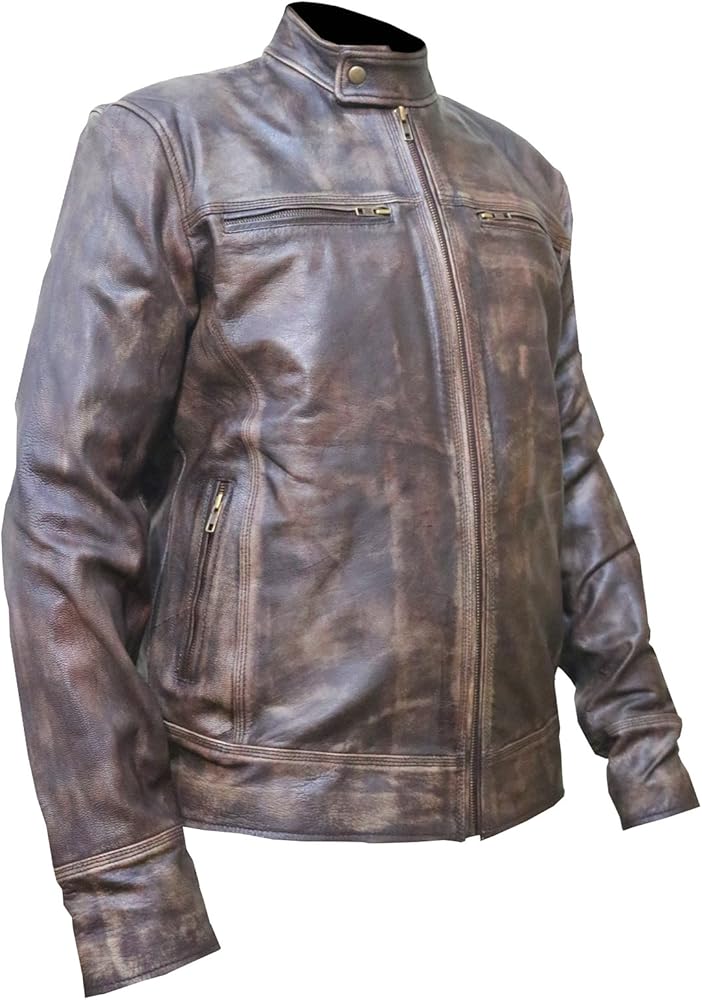Men,s Vintage Retro 6 Cafe Racer Moto Brown Distress Leather
