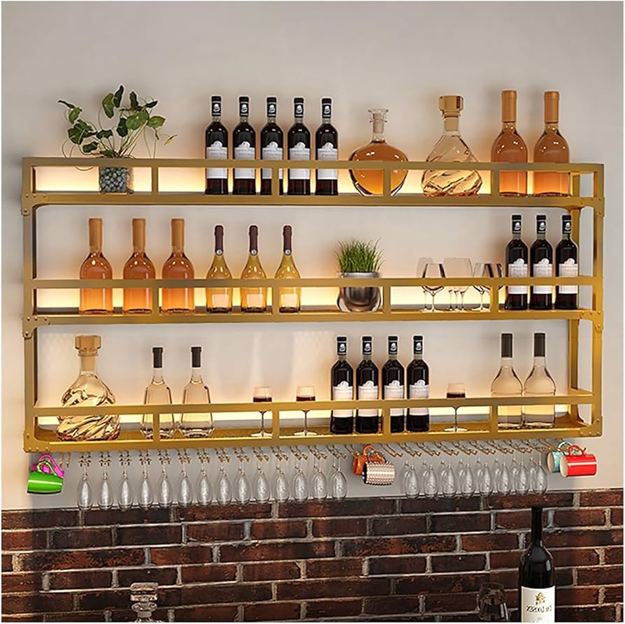 Amazon.co.jp: 酒瓶ディスプレイ棚、グラス付き壁掛けワインラック、棚