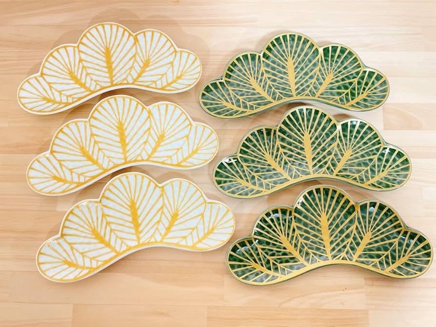 Amazon.co.jp: 有田焼 幸楽窯 錦金松葉形前菜皿 白金 茶緑金 6点セット