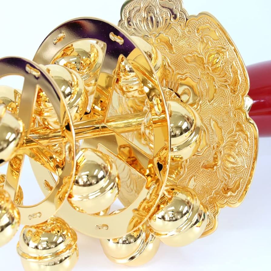 日本舞踊 鈴付き楽器 オレンジ ｜神楽鈴 全長31cm 本金メッキ かぐら鈴