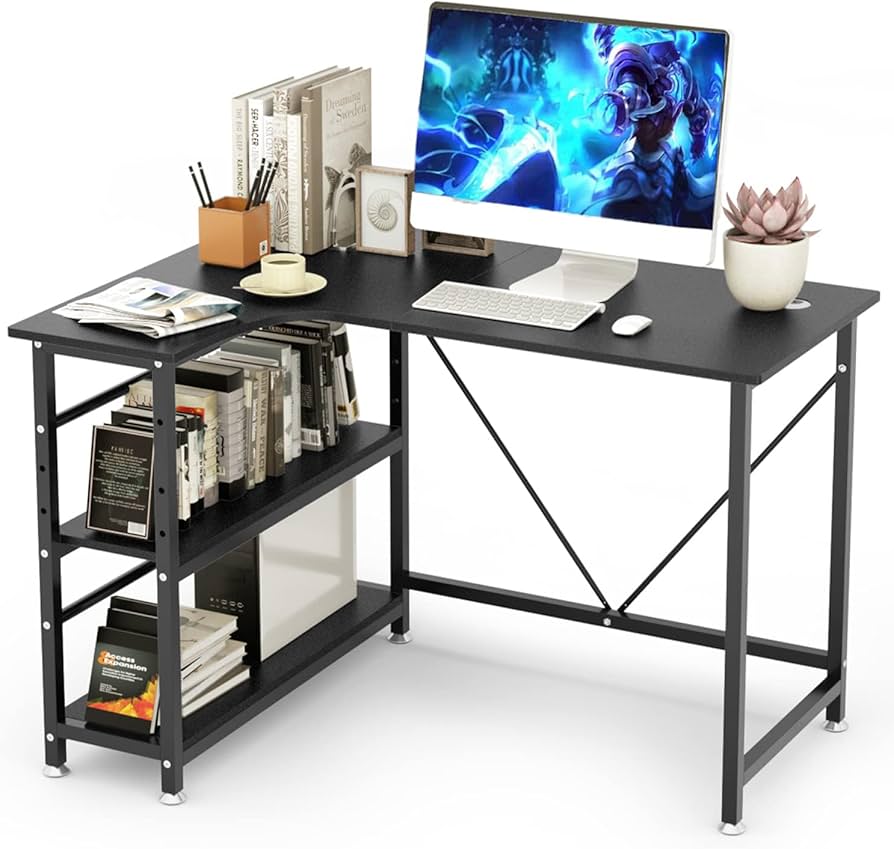 Amazon | DEWEL コーナーデスク L字型 幅110cm 収納ラック付き