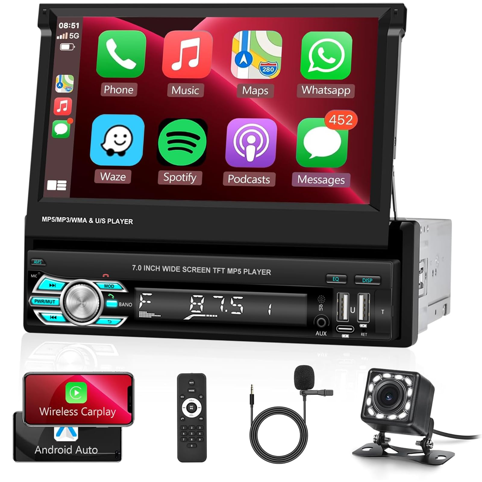 Amazon.co.jp: 1DIN ワイヤレスCarplay＆Android Auto, 7インチHD