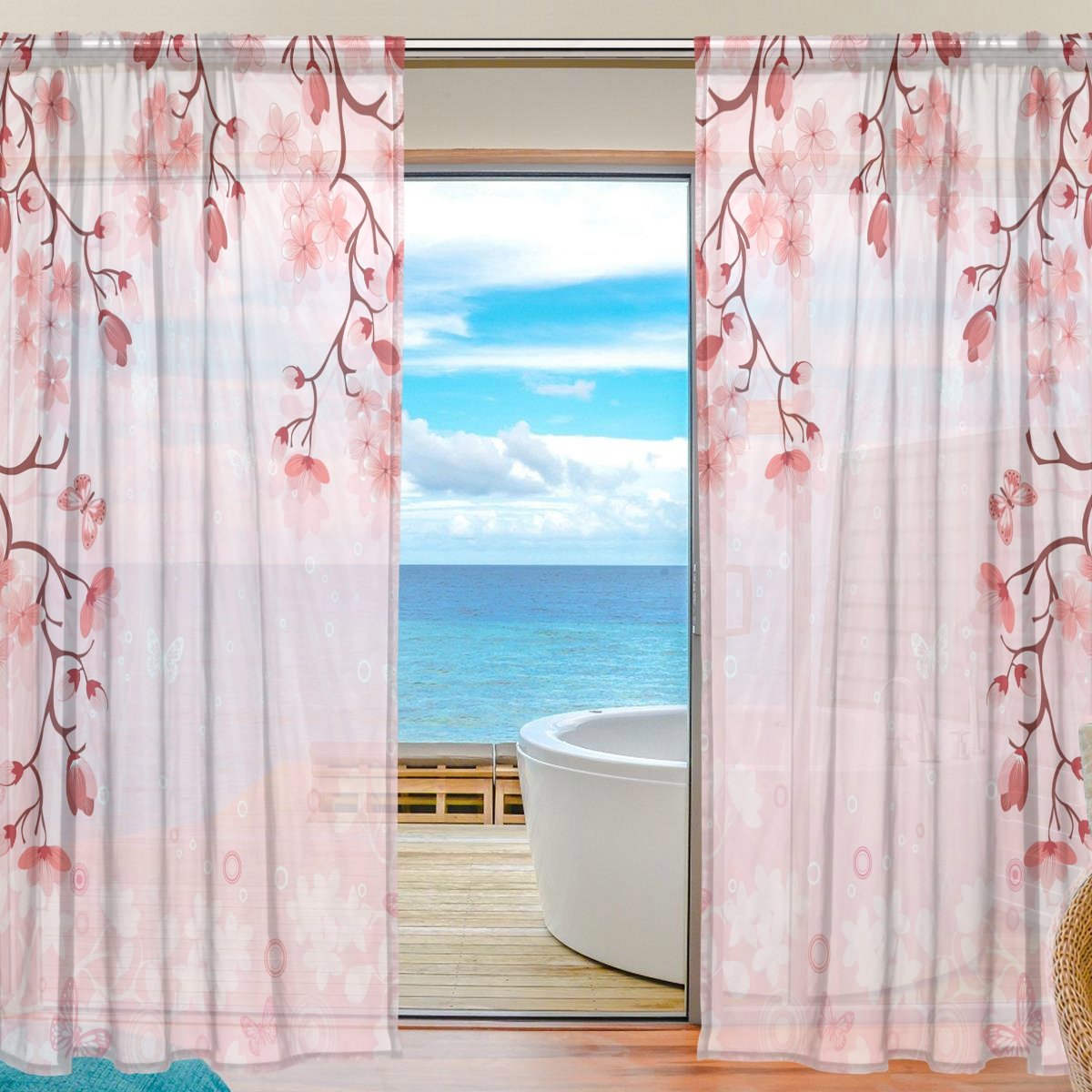 Amazon｜VAWA カーテンレース 断熱 おしゃれ 遮光 桜 花柄 おしゃれ