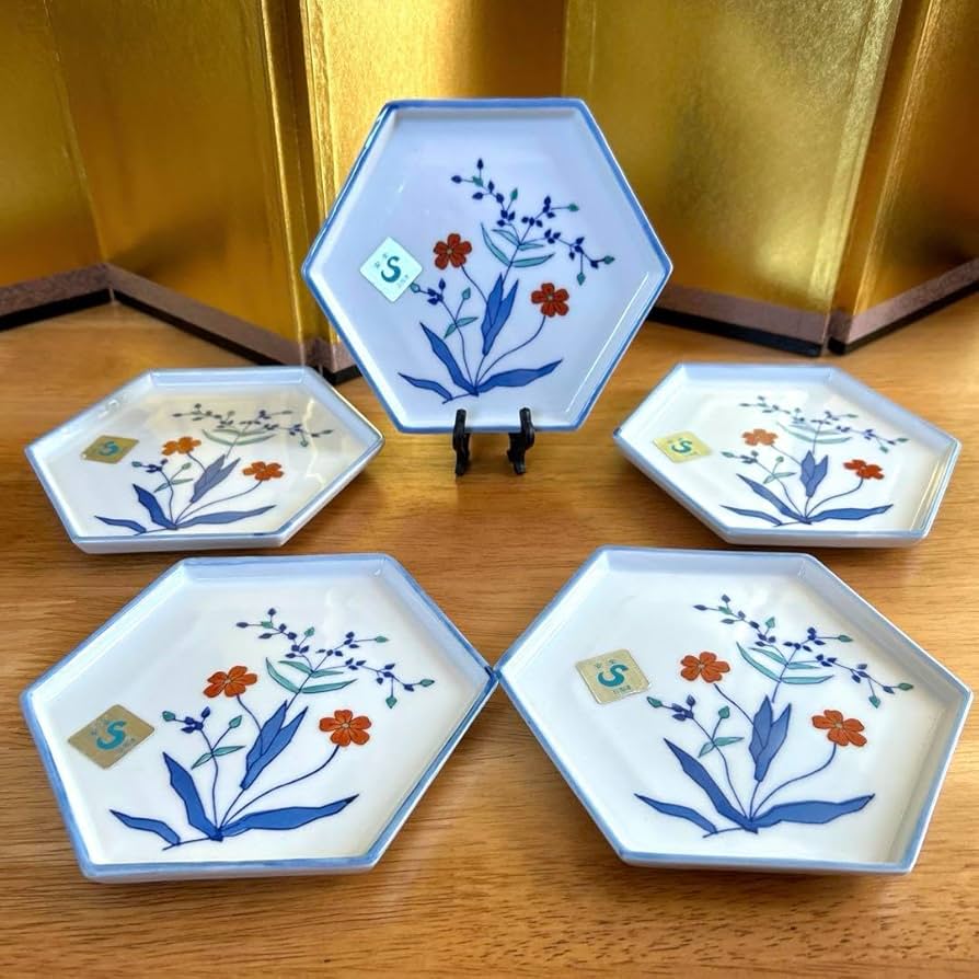 Amazon.co.jp: 有田焼 西山窯 六角平皿 5枚セット 亀甲 取り皿 銘々皿