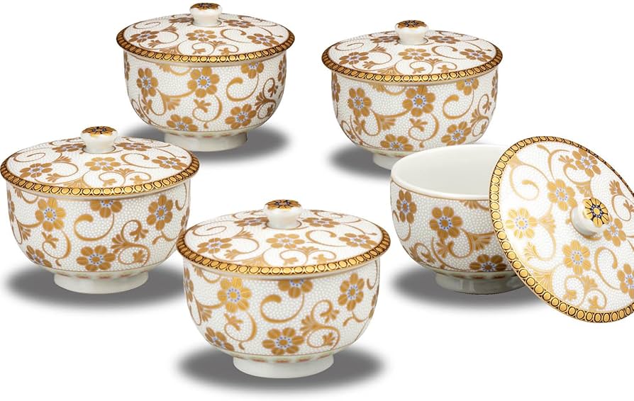 Amazon | おしゃれ 湯呑み 九谷焼 蓋付 湯呑み茶碗 5客 セット 鉄仙紋