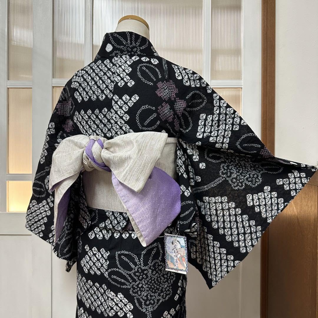 Amazon.co.jp: 有松鳴海絞り 浴衣 ゆかた 黒 花模様 蜘蛛絞り肩 身丈