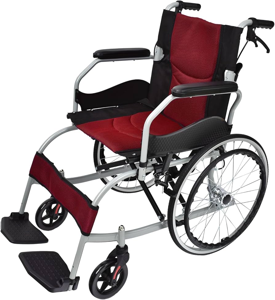 赤い自走用車椅子 メッシュ素材 クッション付き 赤い自走用車椅子
