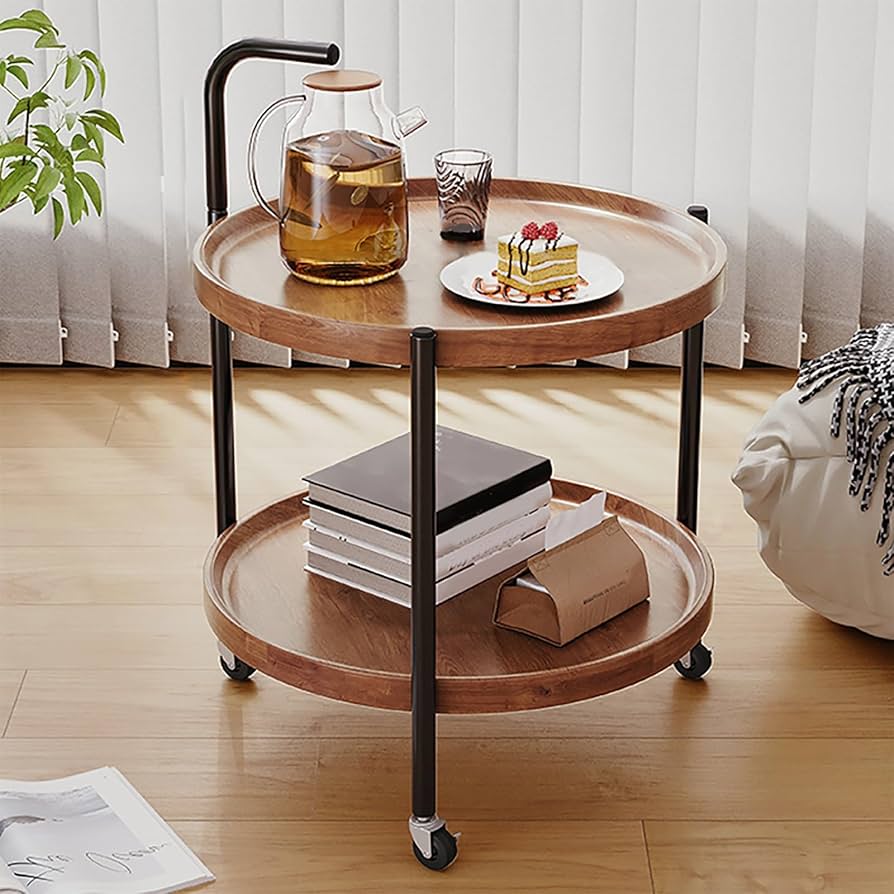 Amazon｜サイドテーブル、可移動ナイトテーブル ワゴン、棚付 収納 丸