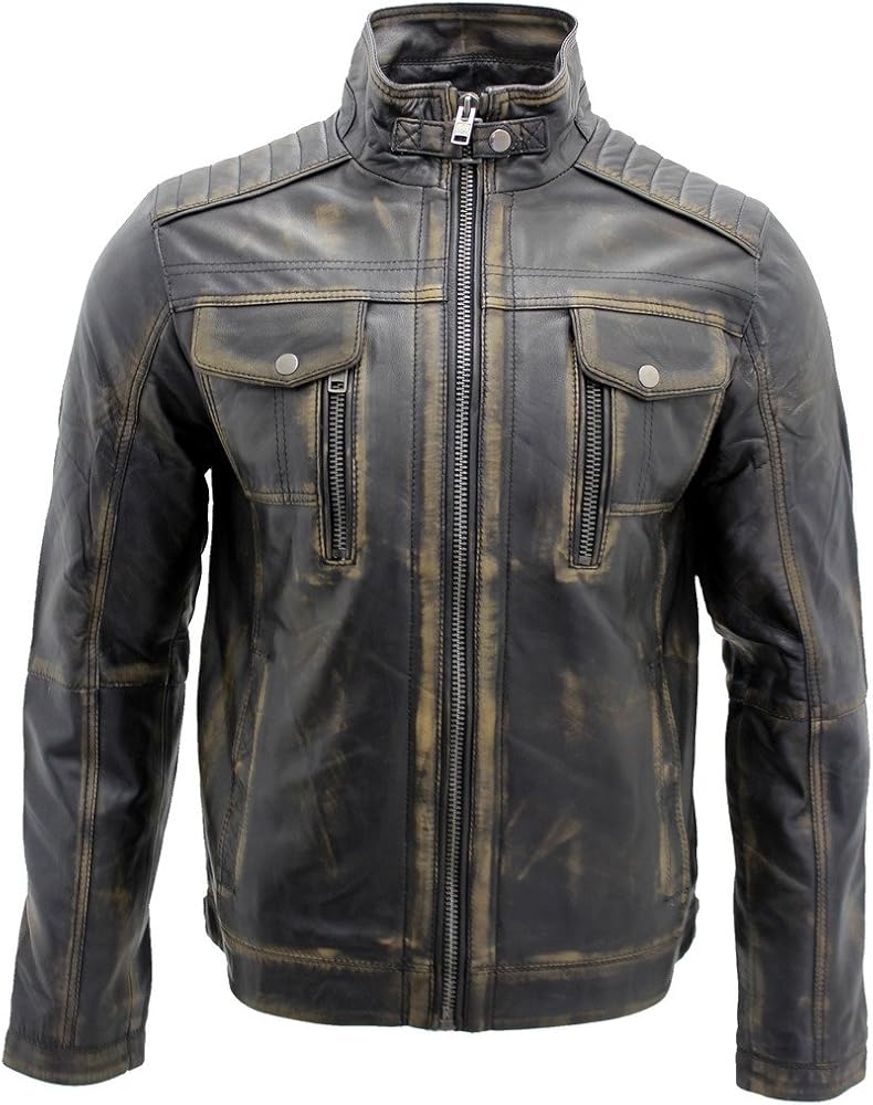 Men's Vintage Black Leather Biker Jacket 2XL at Amazon Men's