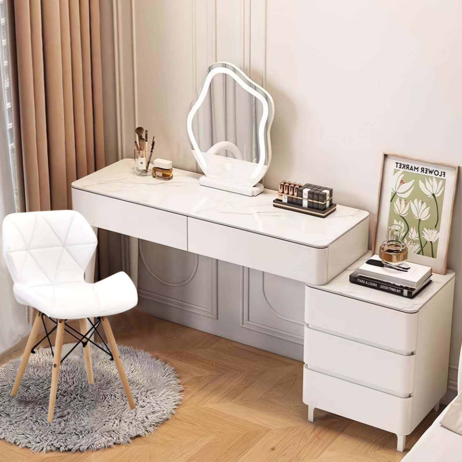 Amazon｜ドレッサー 鏡台 レザー調 大理石天板 大容量 引き出し