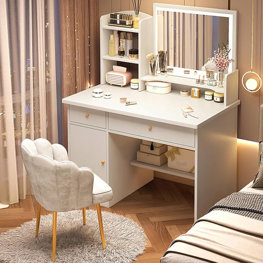 Amazon｜ドレッサーテーブル、引き出しとミラーライト付きメイクアップ