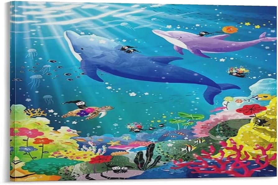 Amazon.co.jp: 海 イルカ「海の歌」イルカ絵画の壁掛けアートポスター