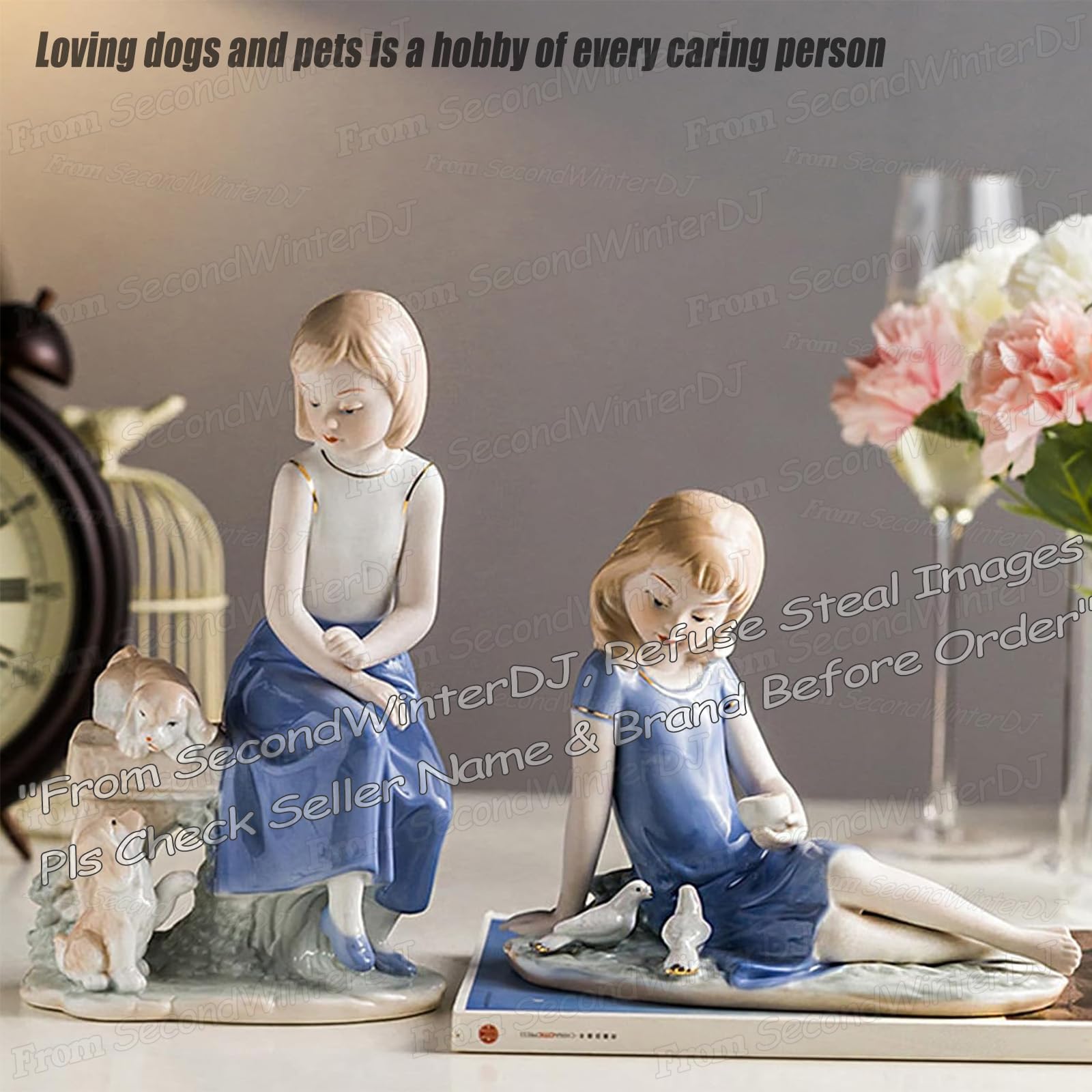 Amazon.co.jp: 陶器の女の子の置物犬の像かわいい犬の彫刻、ペットの家