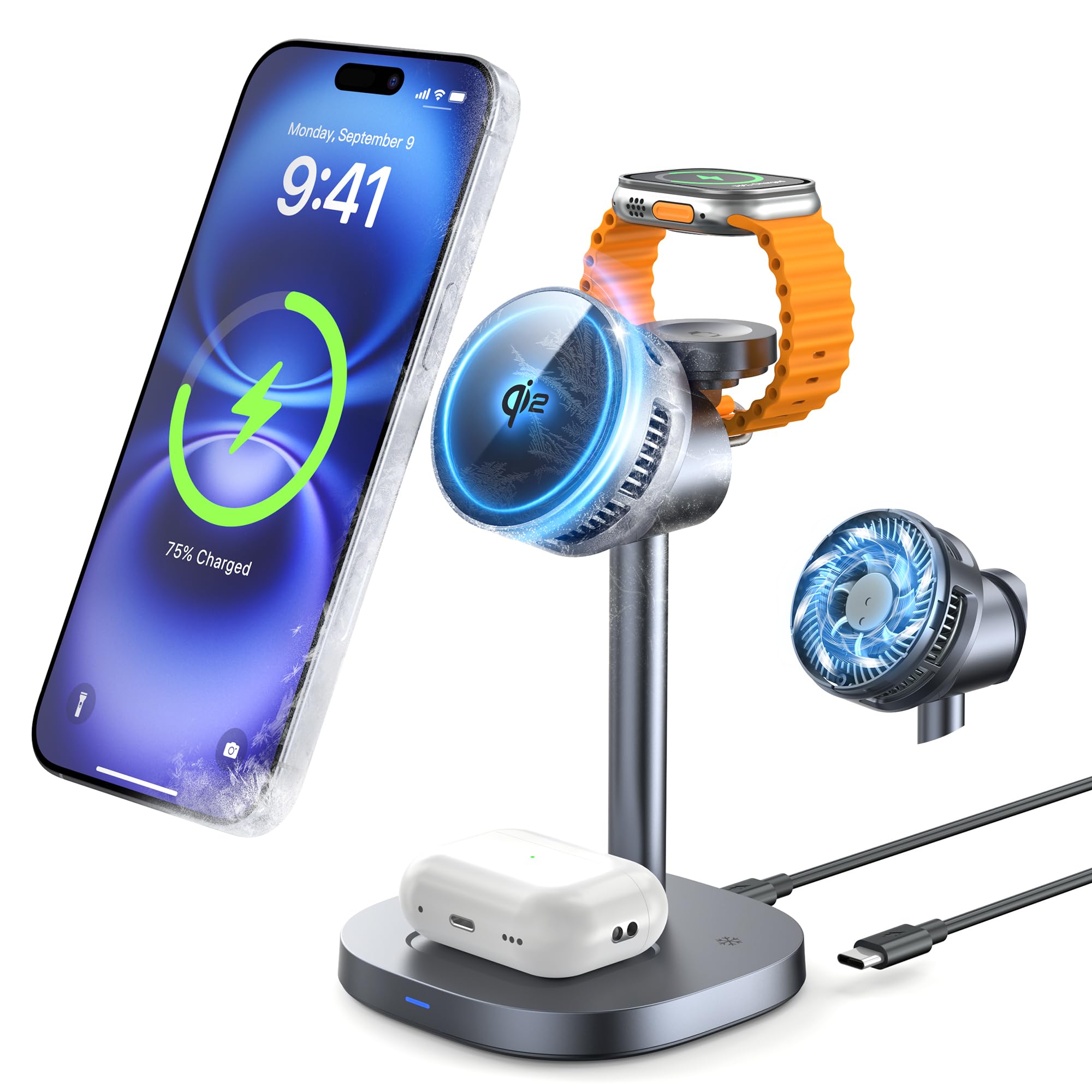 Amazon.co.jp: RORRY 新型番Qi2冷却ファン付き3in1ワイヤレス充電器