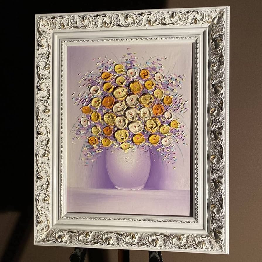 Amazon.co.jp: 秀作 手書き油絵 立体花瓶の花 額付 絵画 インテリア