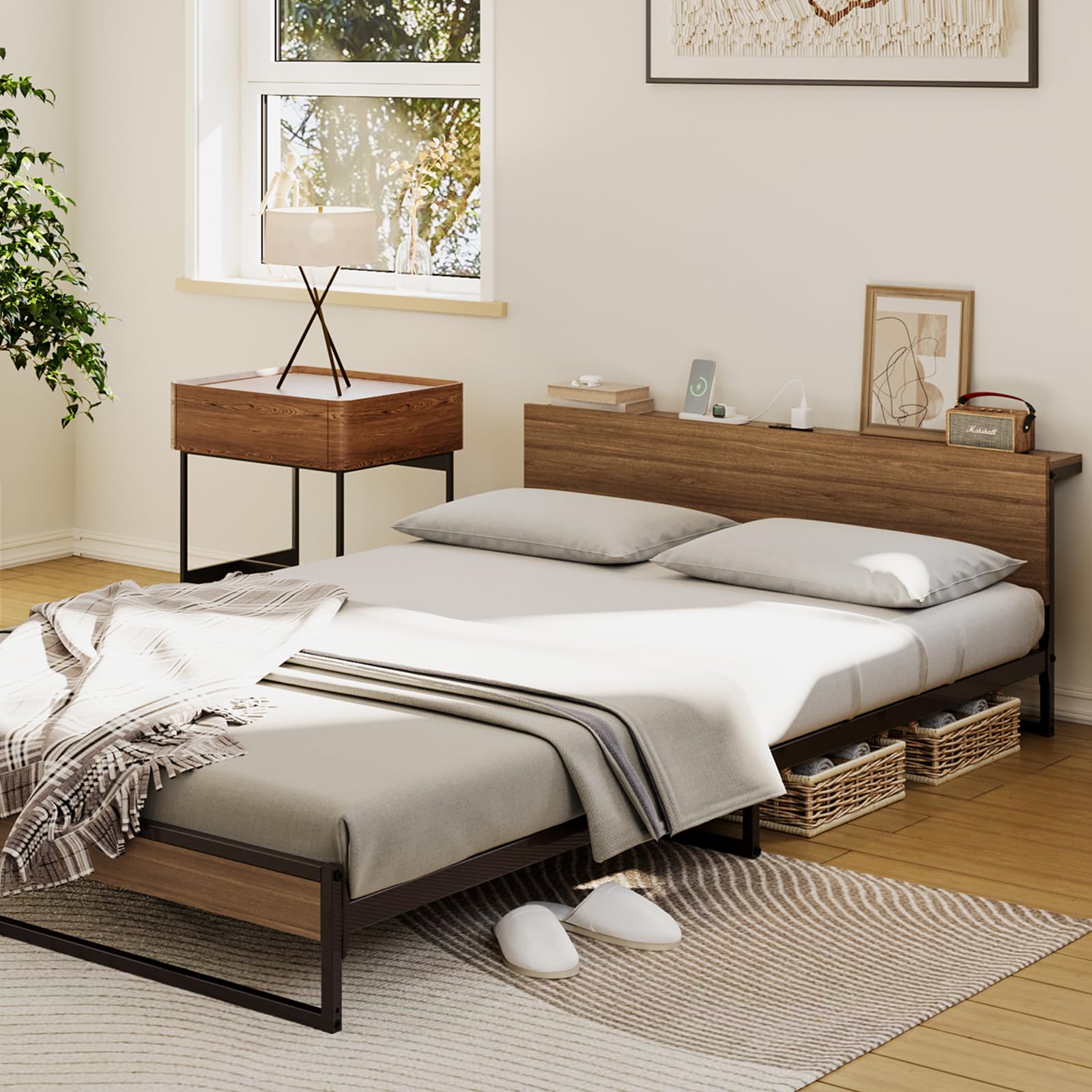 Amazon｜SINNONAKA 2口コンセント宮棚付き ローベッド ベッドフレーム