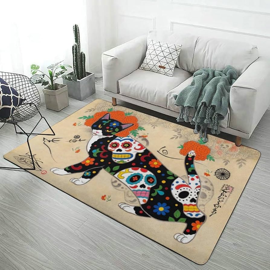 Amazon | ラグ カーペット 猫 どくろタトゥー 死者の日 絨毯 ふわふわ