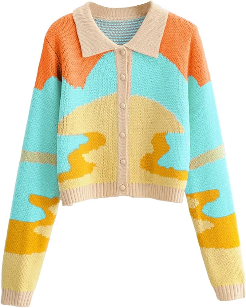 Women's Y2K Floral Print Sweater Long Sleeve Knit Cardigan Sweater