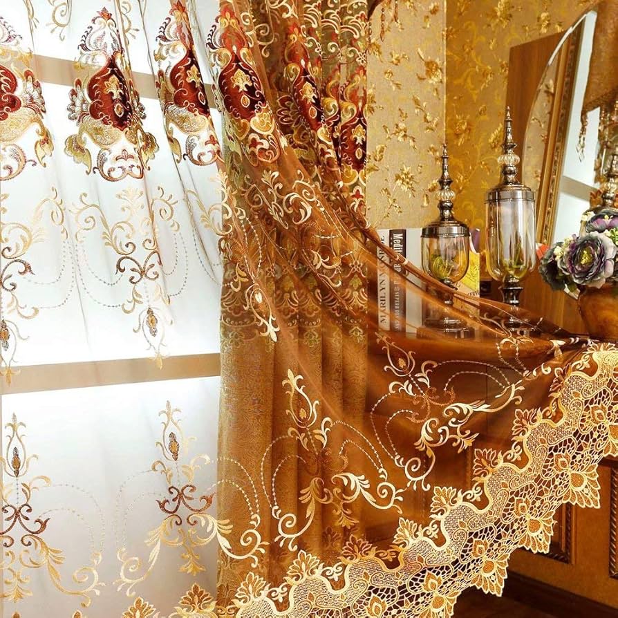 Amazon｜カーテン レースカーテン 刺繍 豪華 大花柄 欧米風 宮廷 高級