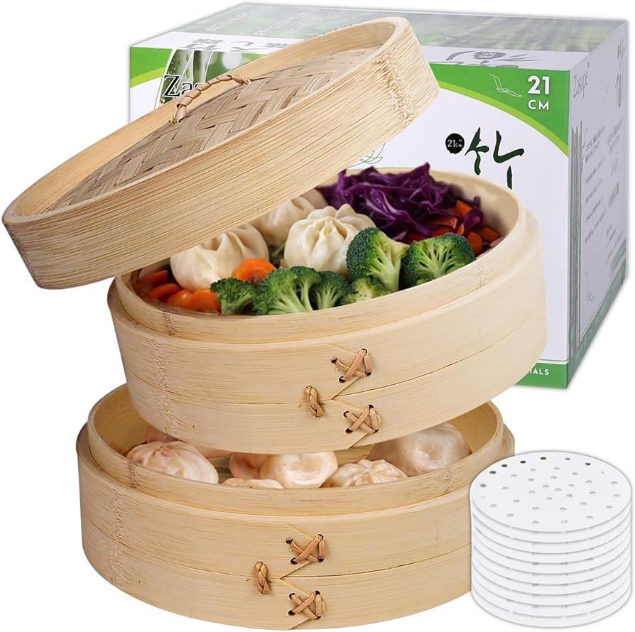 Amazon | Zasupe せいろ蒸し器 21cm 2段 100%天然竹 竹セイロ用紙 30枚
