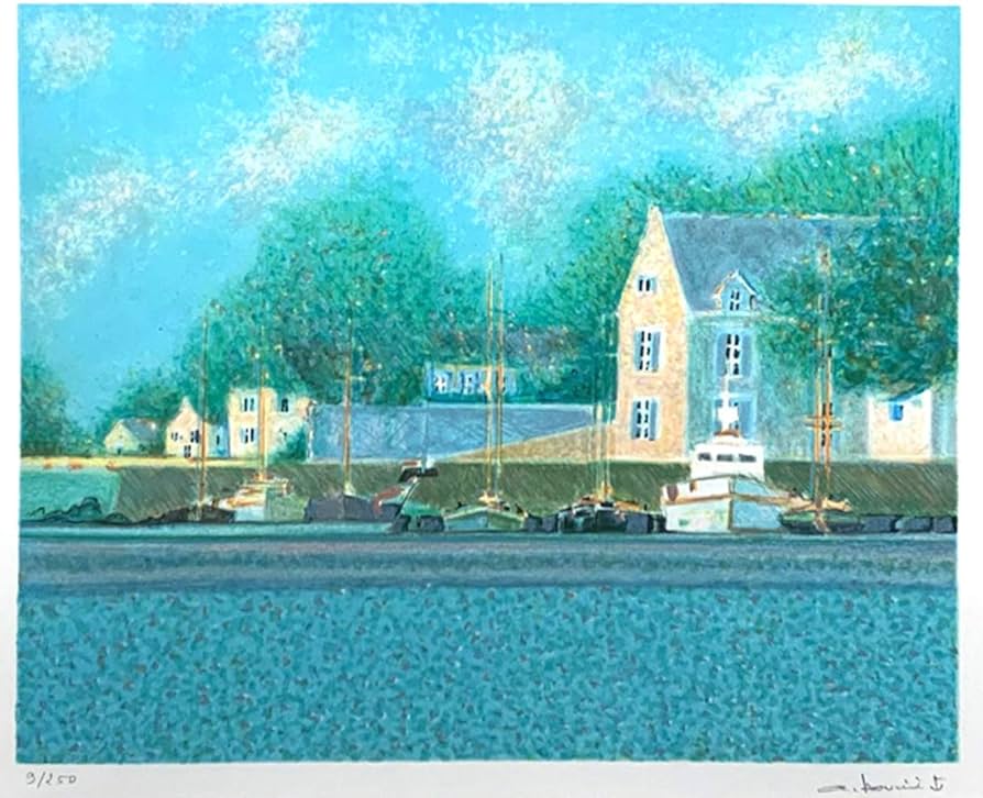 Amazon.co.jp: 絵画 版画 ブーリエ 額付き 『夏の港』 リトグラフ