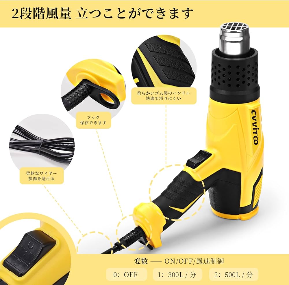 Amazon | CVVITOOヒートガン1400W工業用ヒートガン2段階風速 無段階調
