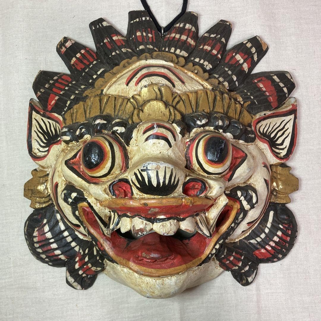 バリ島 インドネシア 木彫彩色 バロン 面 壁飾 一双 V 9089 Amazon.co