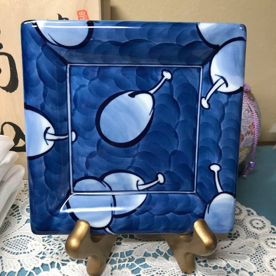 未使用品】源右衛門窯 染濃 プルーン文 角皿 銘々皿 5枚組