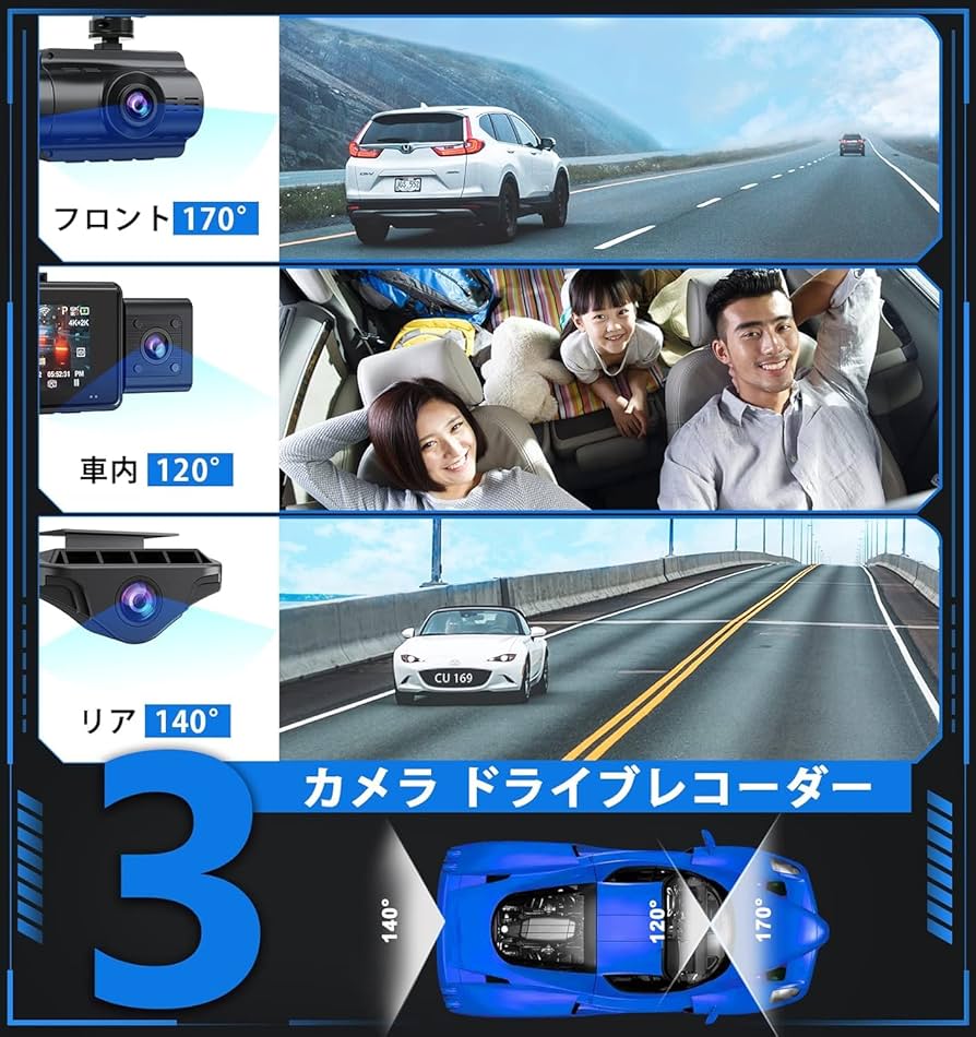 Amazon.co.jp: LAMONKE ドライブレコーダー 3カメラ 4K Wi-Fi搭載 小型