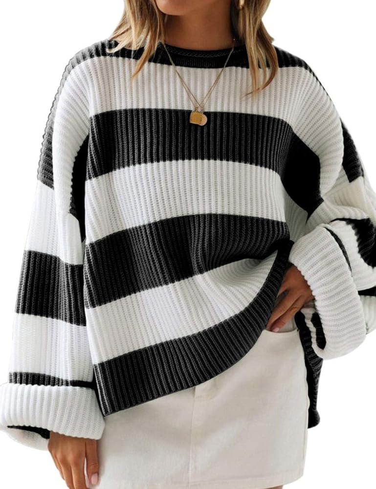 ZESICA Women's 2026 Fall Long Sleeve Oversized Striped Color Block