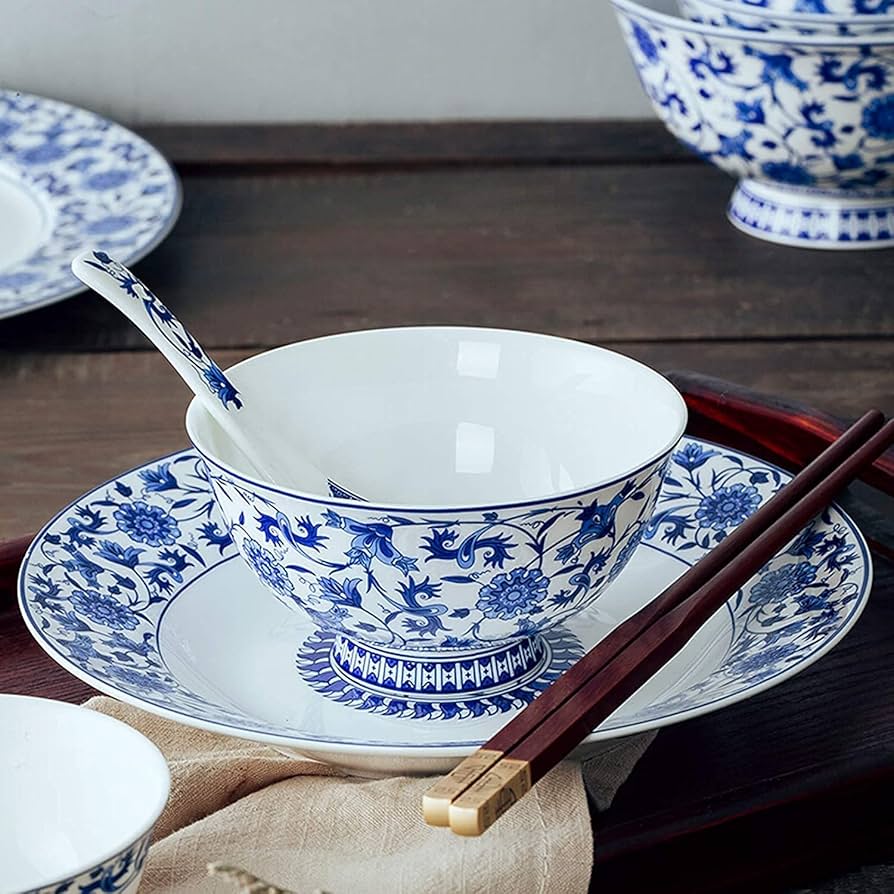 Amazon.co.jp: セラミックディナーセット 青と白の磁器食器26点セット