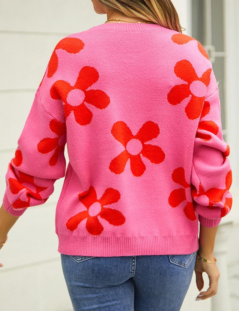 Yimoon Women's Cute Flower Sweater Oversized Crewneck Cable Knit
